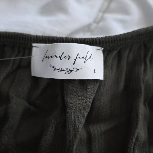 Lavender Field Women's Size Large Olive Green White Fringe Off Shoulder Crop Top - Picture 5 of 6